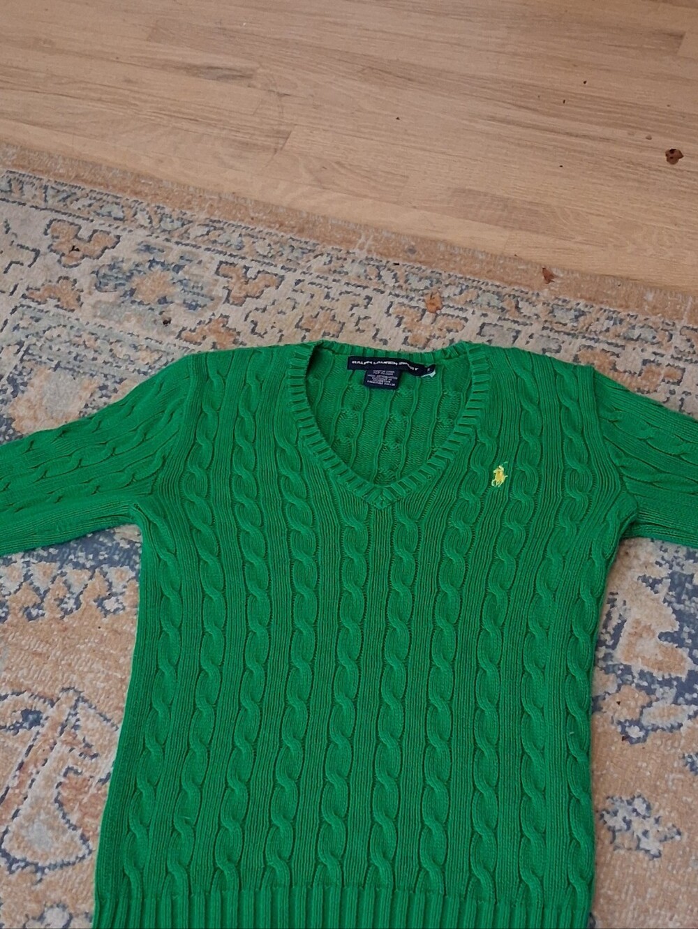 Ralph Lauren Cotton Kelly Green Cable Knit V-Neck Sweater Yellow Polo Player S